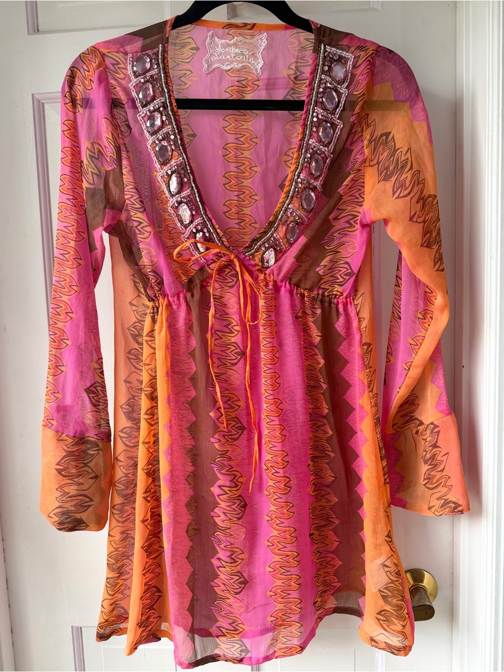 Antica Sartorial Handmade Embellished Pink & Orange Long-Sleeve Tunic Dress